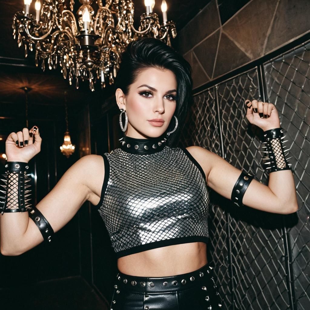 Confident Woman in Metallic Mesh Crop Top and Black Leather Punk Accessories Confident Woman in Metallic Mesh Crop Top and Black Leather Punk Accessories