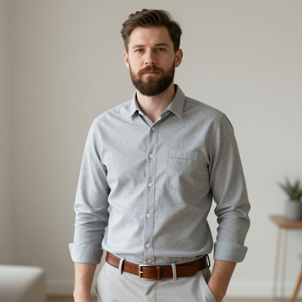 Portrait of Confident Bearded Man in Light Grey Shirt
