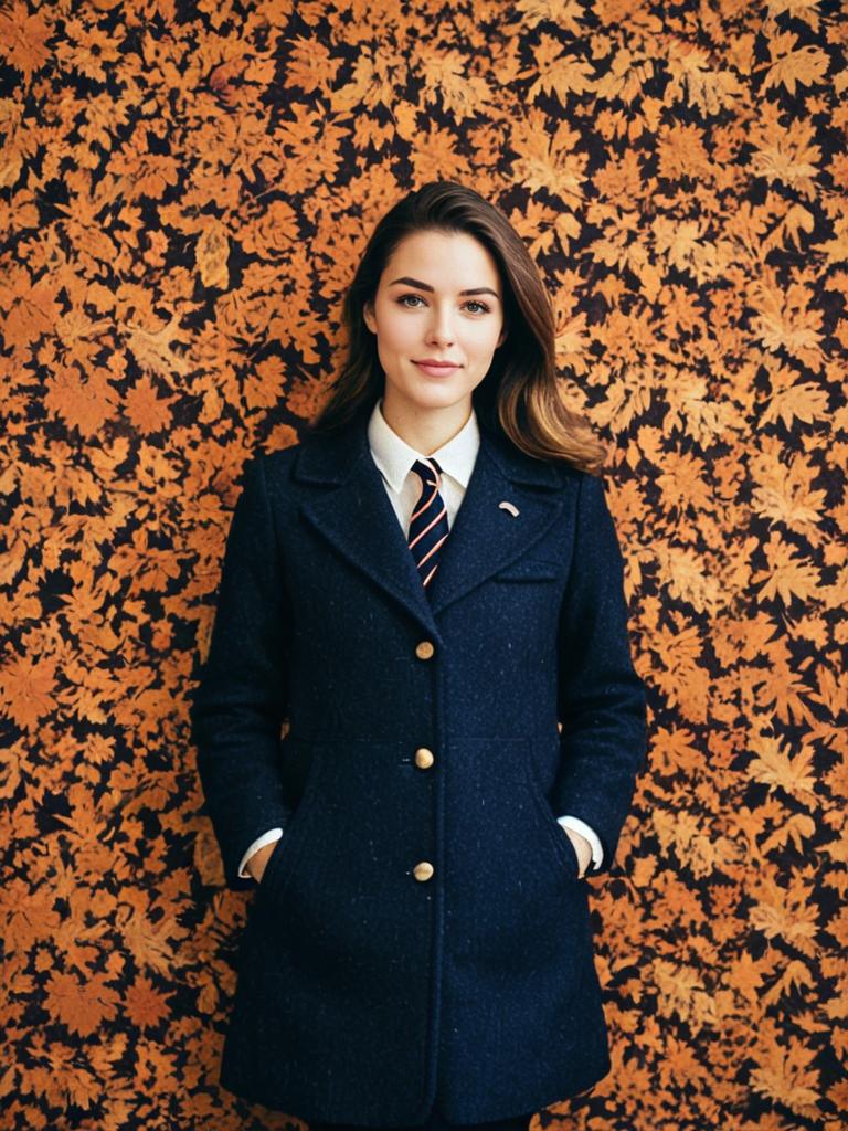 Preppy Fall Fashion Woman in Navy Coat Against Autumn Leaves Wall