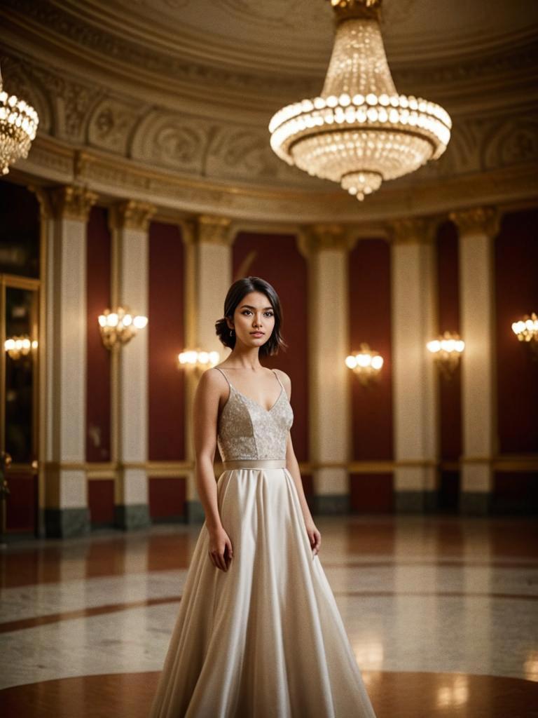 Elegant Woman in Opulent Ballroom with Chandeliers