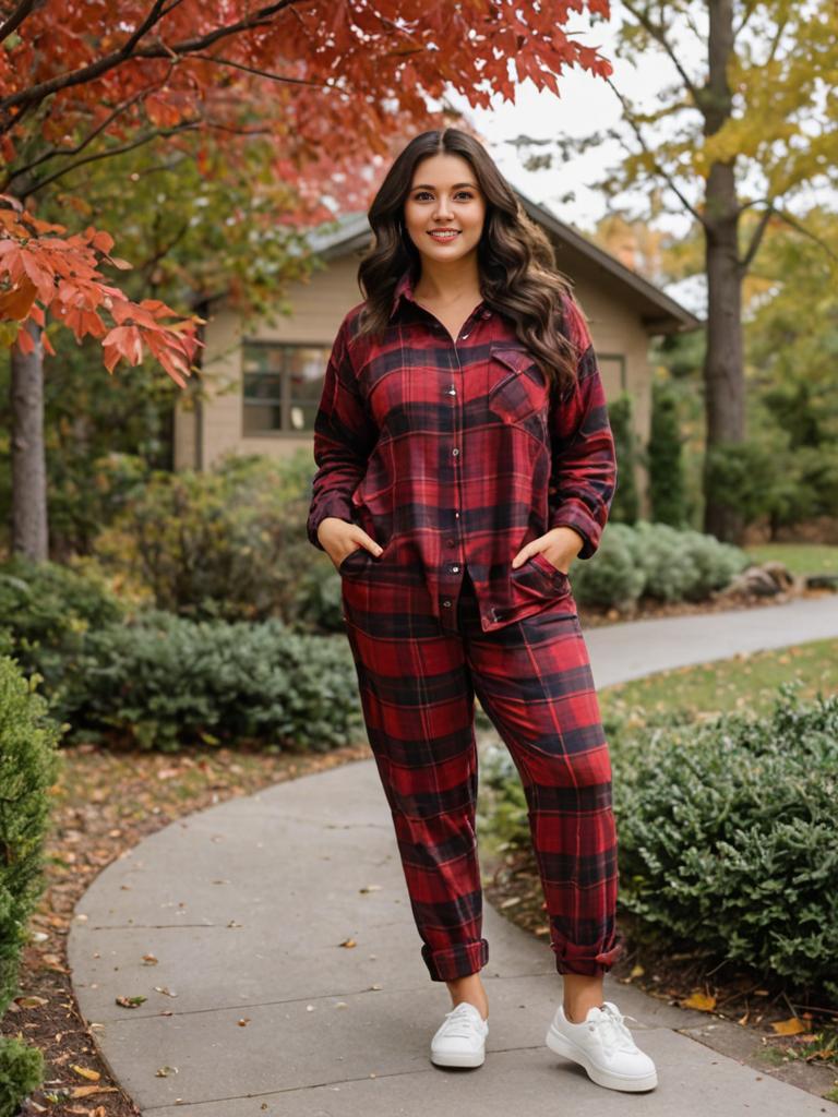 Cozy Autumn Scene with Woman in Red Plaid Pajamas