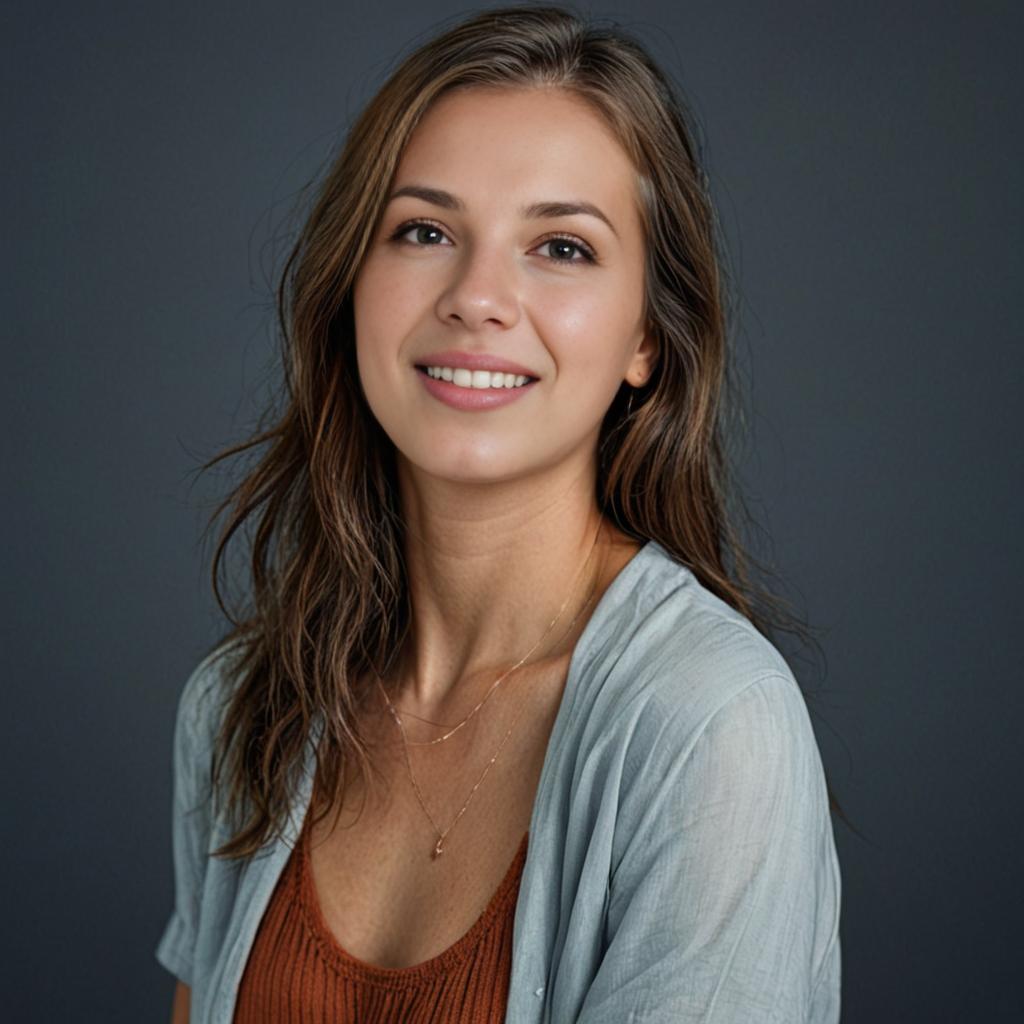 Smiling Woman in Burnt Orange Tank Top and Light Blue Cardigan