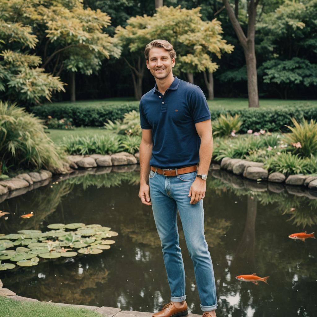 Man Smiling in Serene Garden by Pond