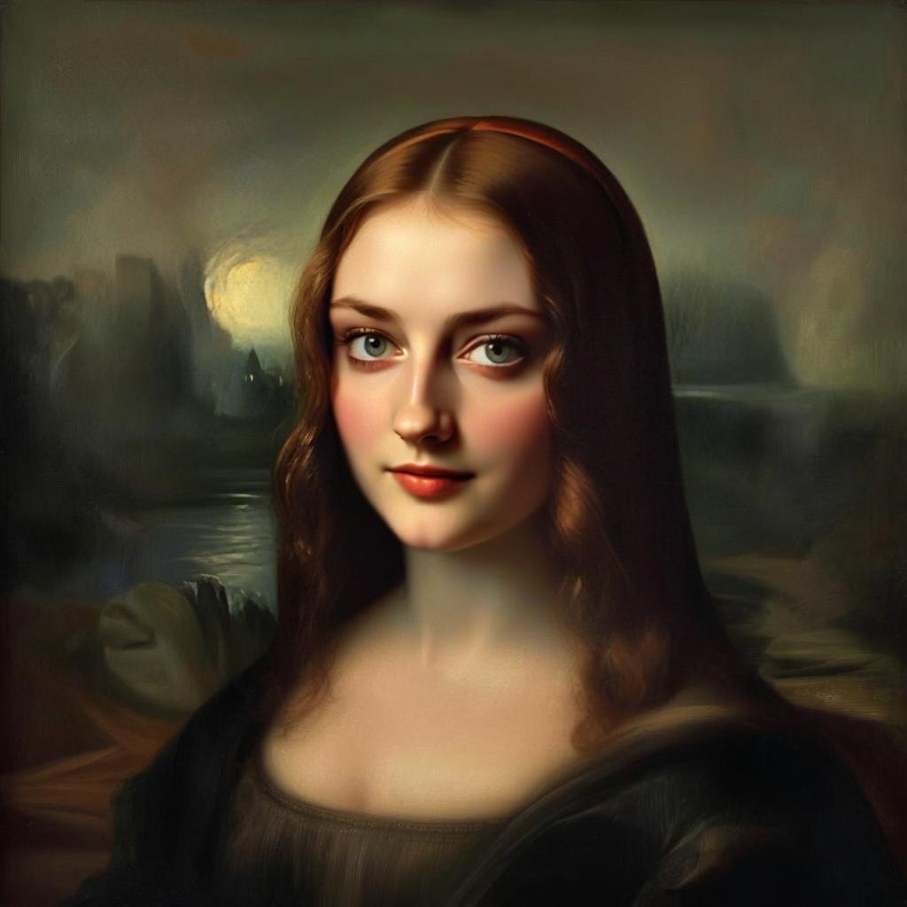 Digital Renaissance Portrait of Young Woman with Wavy Brown Hair