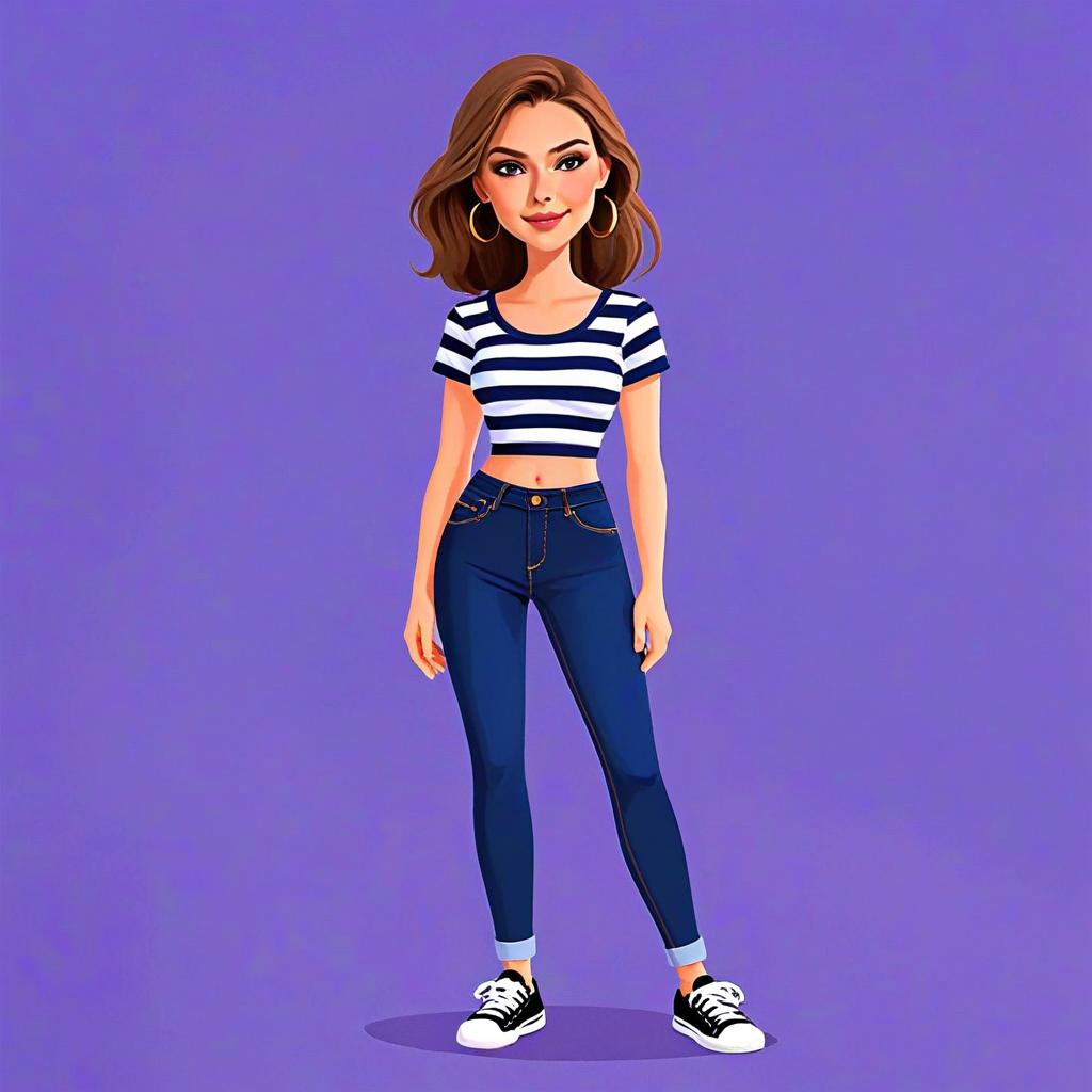 Stylish Woman in Cropped Striped Top and Jeans Cartoon Illustration