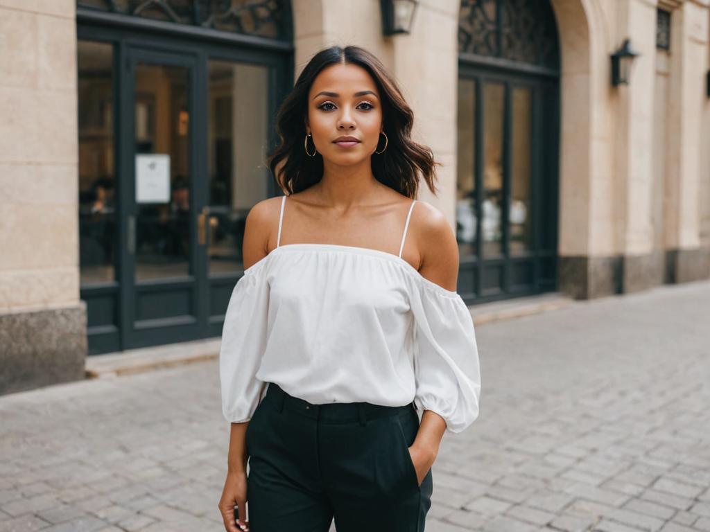 Stylish woman in cold-shoulder top on city sidewalk