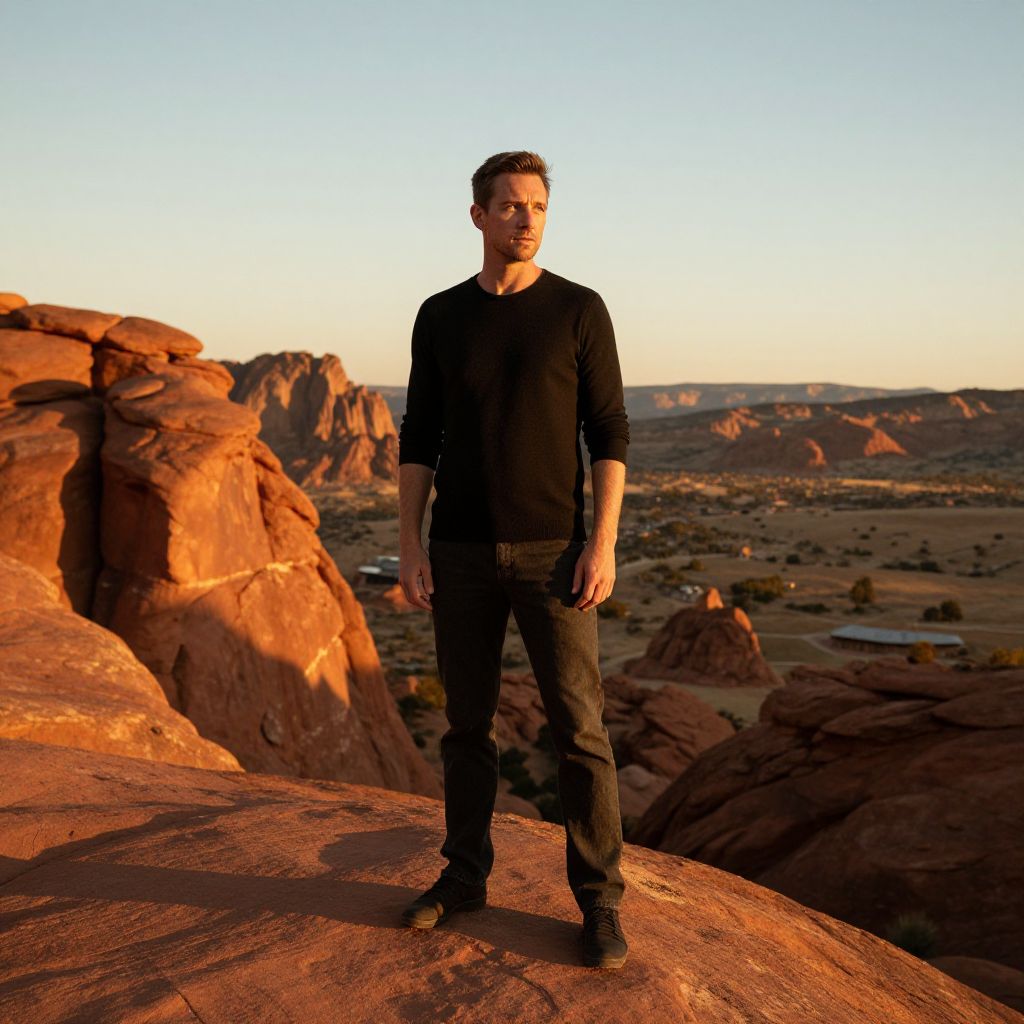 Man Standing on Rocky Desert Landscape at Sunset