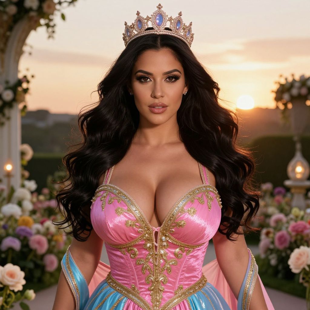 Princess in Pink and Blue Gown with Crown at Sunset