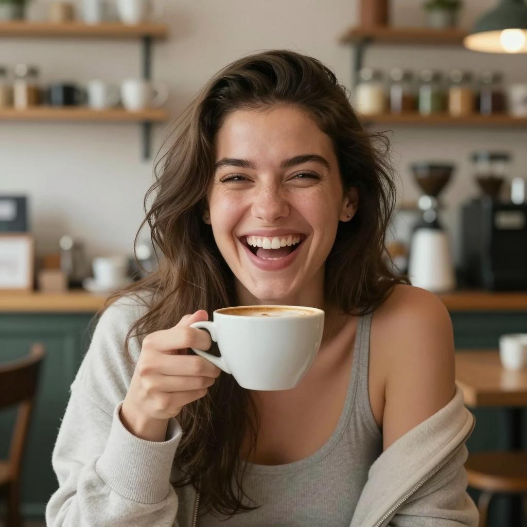 Happy Woman Enjoying Coffee in Cozy Café