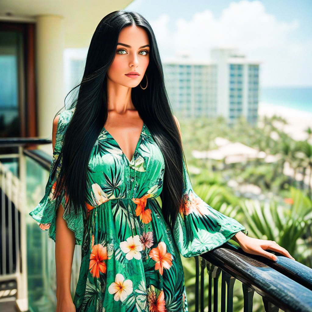 Woman in Green Dress on Tropical Resort Balcony Woman in Green Dress on Tropical Resort Balcony