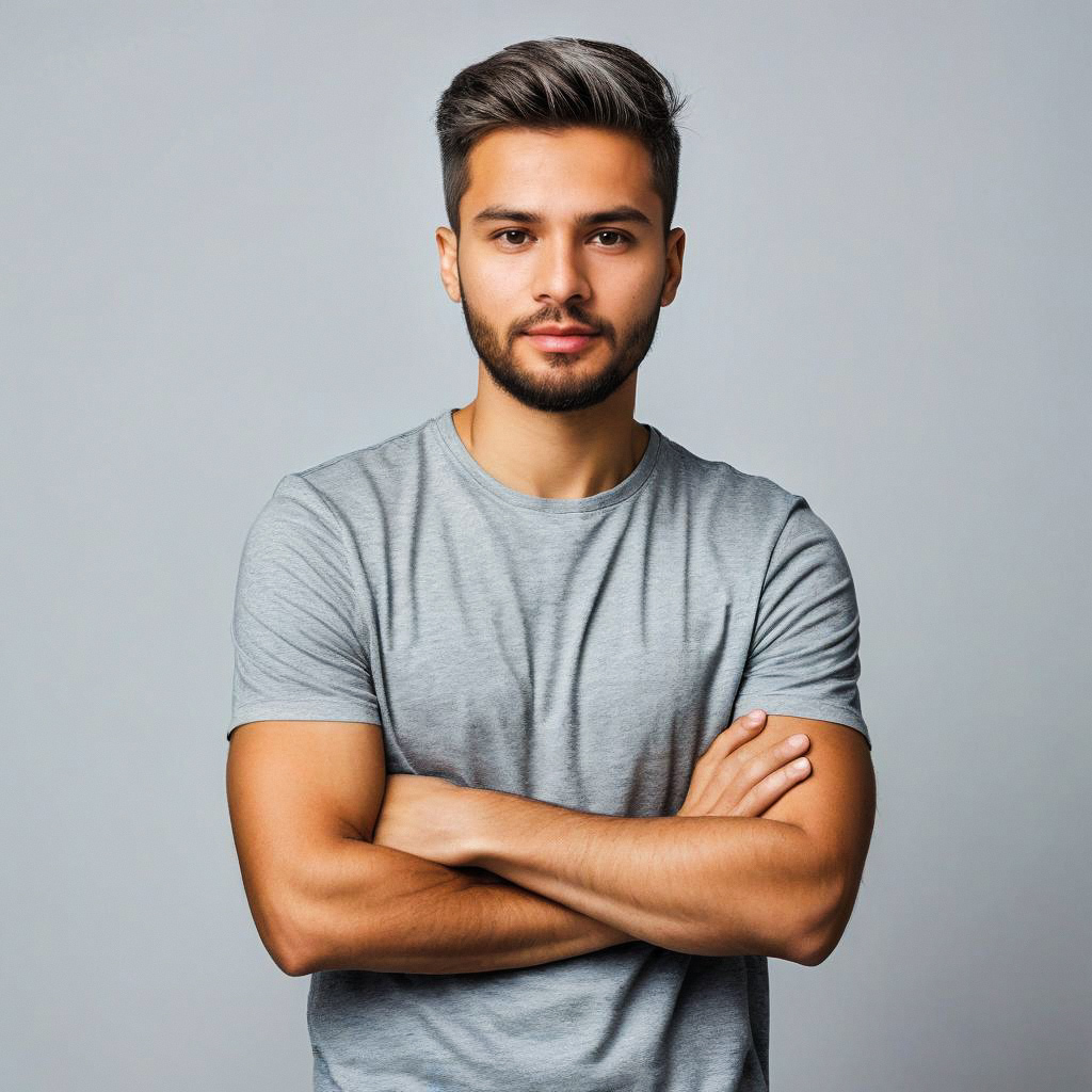 Confident Young Man in Gray T-Shirt