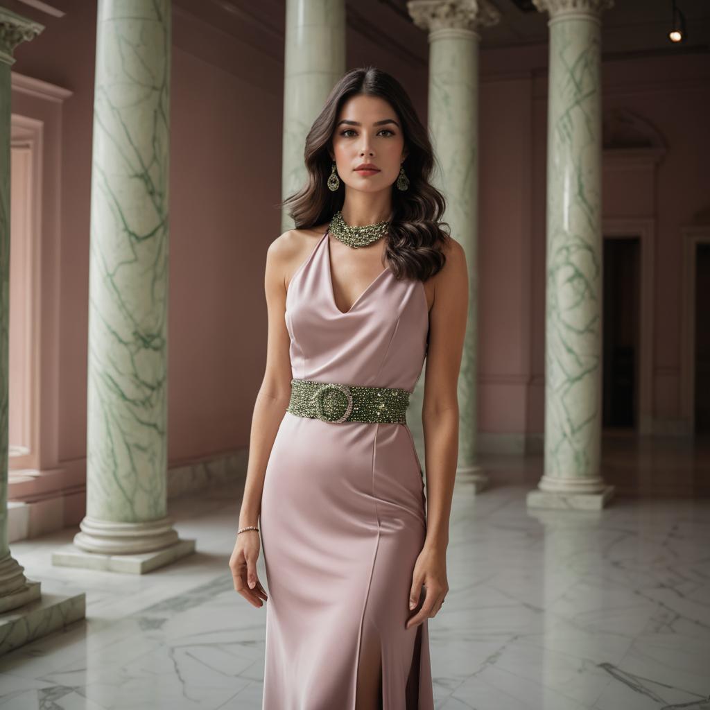 Elegant Woman in Satin Gown with Beaded Belt in Marble Hall