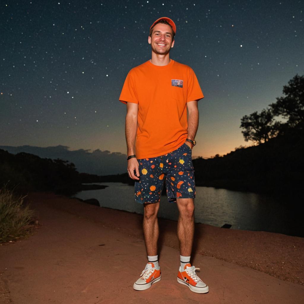 Cheerful man in summer attire under a starry twilight sky