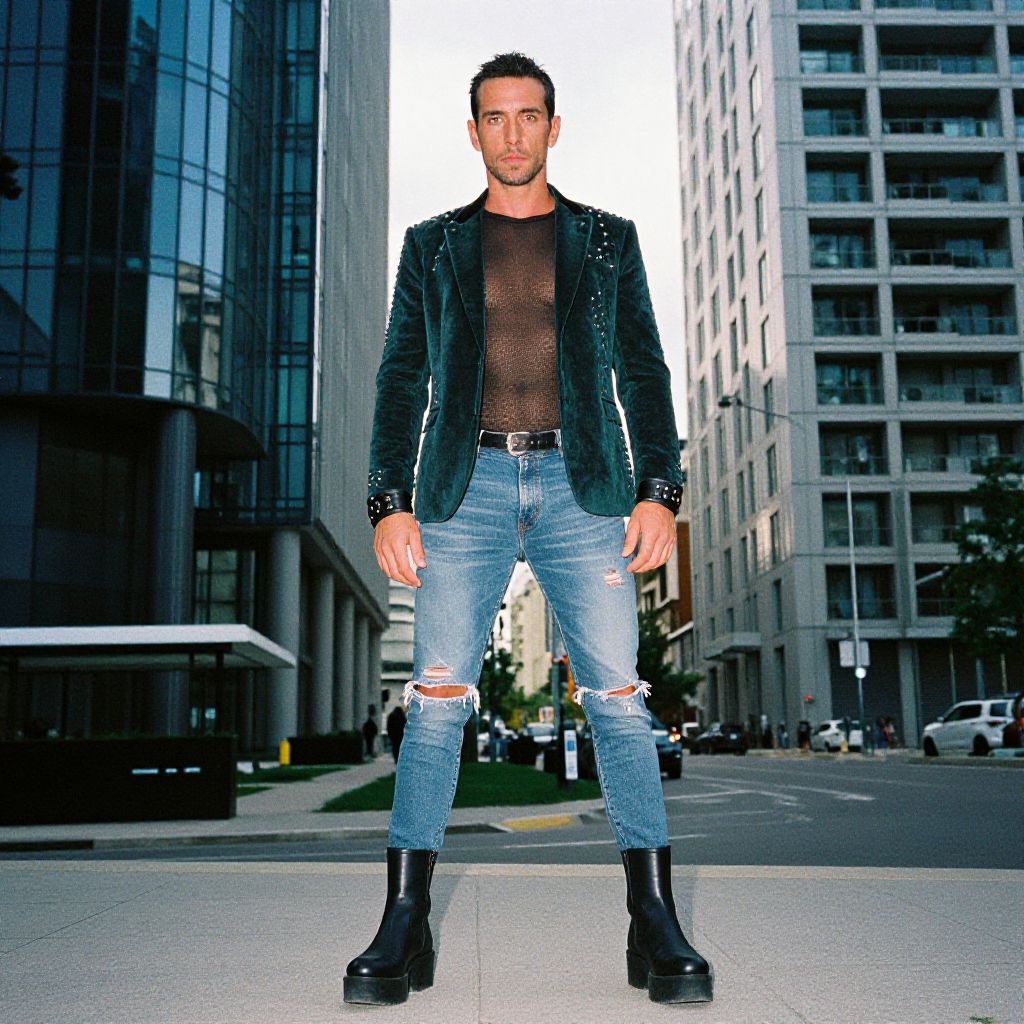 Fashionable Man Wearing Velvet Blazer and Ripped Jeans in Urban Street Style