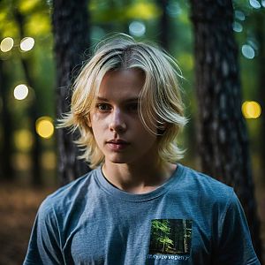 Young Man in Forest with Nature Graphic T-Shirt
