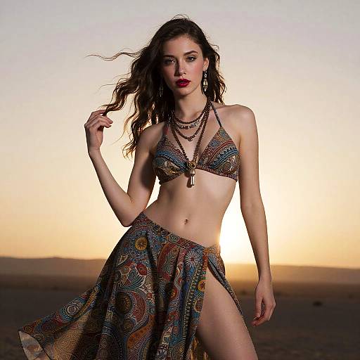 Bohemian Gen Z Woman in Bikini and Wrap Skirt at Sunset