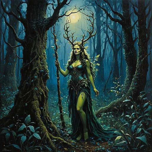 Mystical Woman with Antlers in Enchanted Forest Fantasy Art