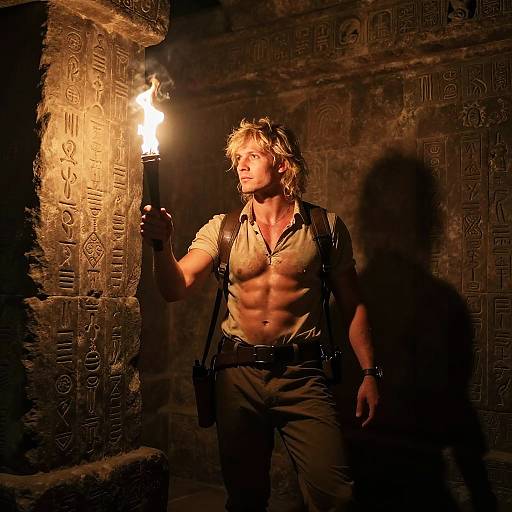 Male Explorer in Ancient Egyptian Tomb with Torch Lighting Hieroglyphics