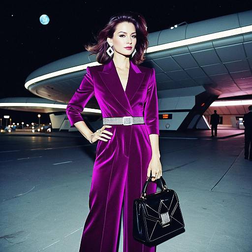 Elegant Woman in Purple Velvet Suit with Black Handbag in Modern Night Urban Setting