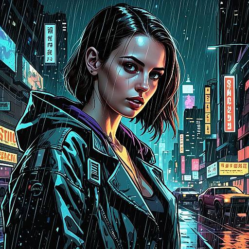 Cyberpunk Woman in Neon Rainy City Street Digital Art