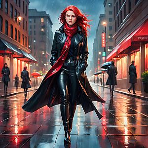 Confident Woman with Red Hair in Noir Urban Rain