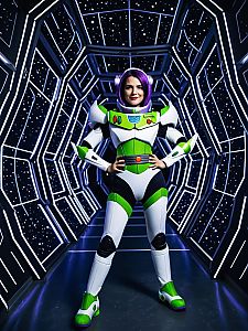 Buzz Lightyear Costume Full Body Cosplay Woman in Futuristic Tunnel