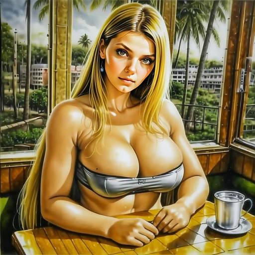 Anime-Style Blonde Woman in Tropical Cafe Artwork