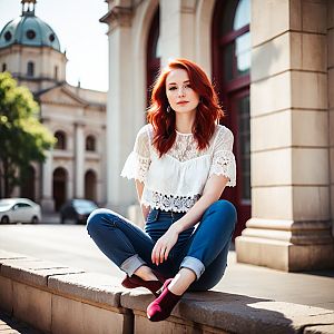 Young Woman with Red Hair in Urban Setting