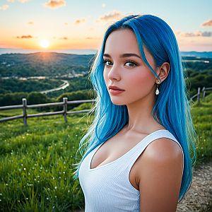 Young Woman with Blue Hair at Sunset