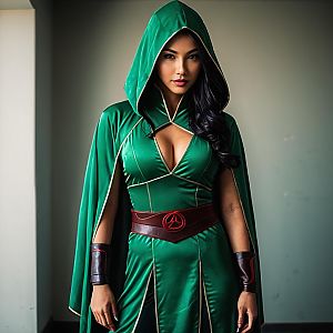 Woman in Green Hooded Fantasy Costume with Leather Accessories