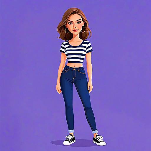 Stylish Woman in Cropped Striped Top and Jeans Cartoon Illustration