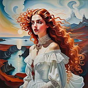 Portrait of a Woman in White Dress with Red Hair in Fantasy Landscape