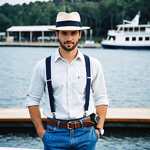 Stylish man by the water in white shirt and fedora