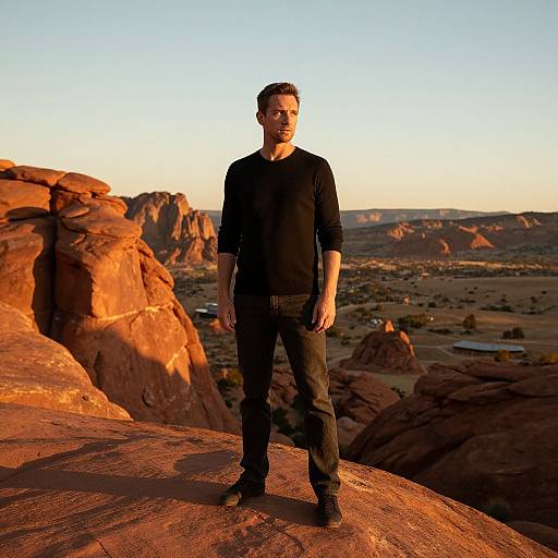 Man Standing on Rocky Desert Landscape at Sunset