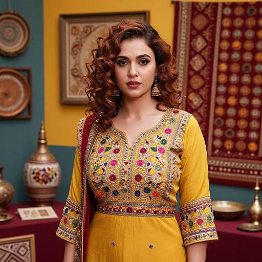 Woman in Yellow Embroidered Traditional Dress with Ethnic Decor Background