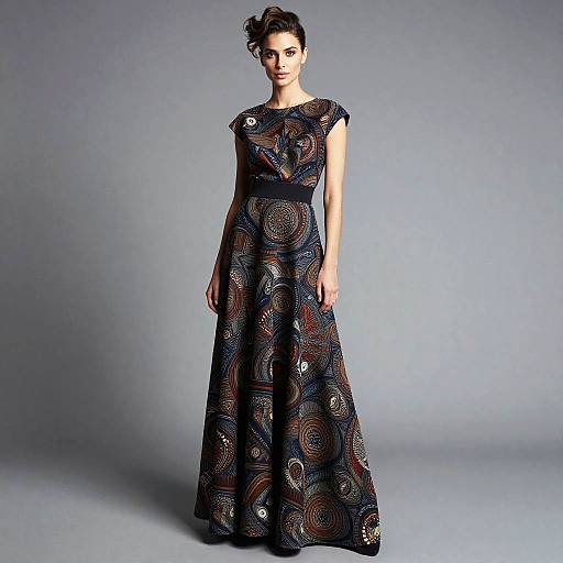 Elegant Woman in Artistic Patterned Floor-Length Gown