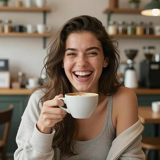 Happy Woman Enjoying Coffee in Cozy Café