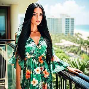 Woman in Green Dress on Tropical Resort Balcony