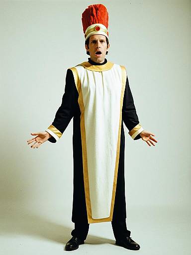 Man in Caesar Dressing Bottle Costume Full Body Parody Suit with Red Plume Hat