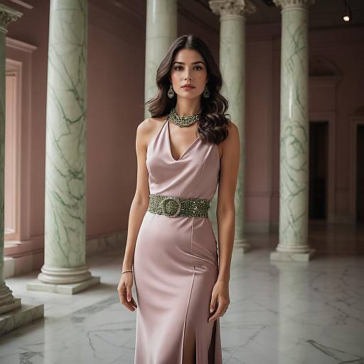 Elegant Woman in Satin Gown with Beaded Belt in Marble Hall