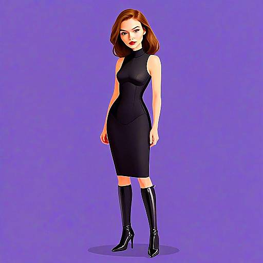 Woman in Black Stretch Bodycon Dress and Knee-High Boots Fashion Illustration
