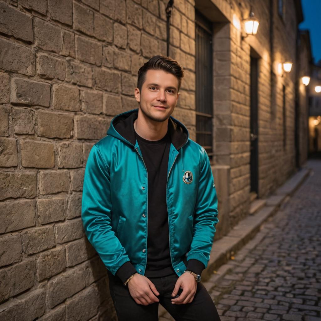 Confident Man in Blue Jacket in Urban Alley