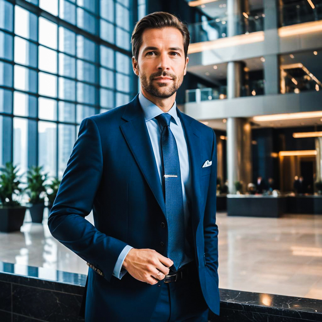 Confident Man in Blue Suit in Modern Office