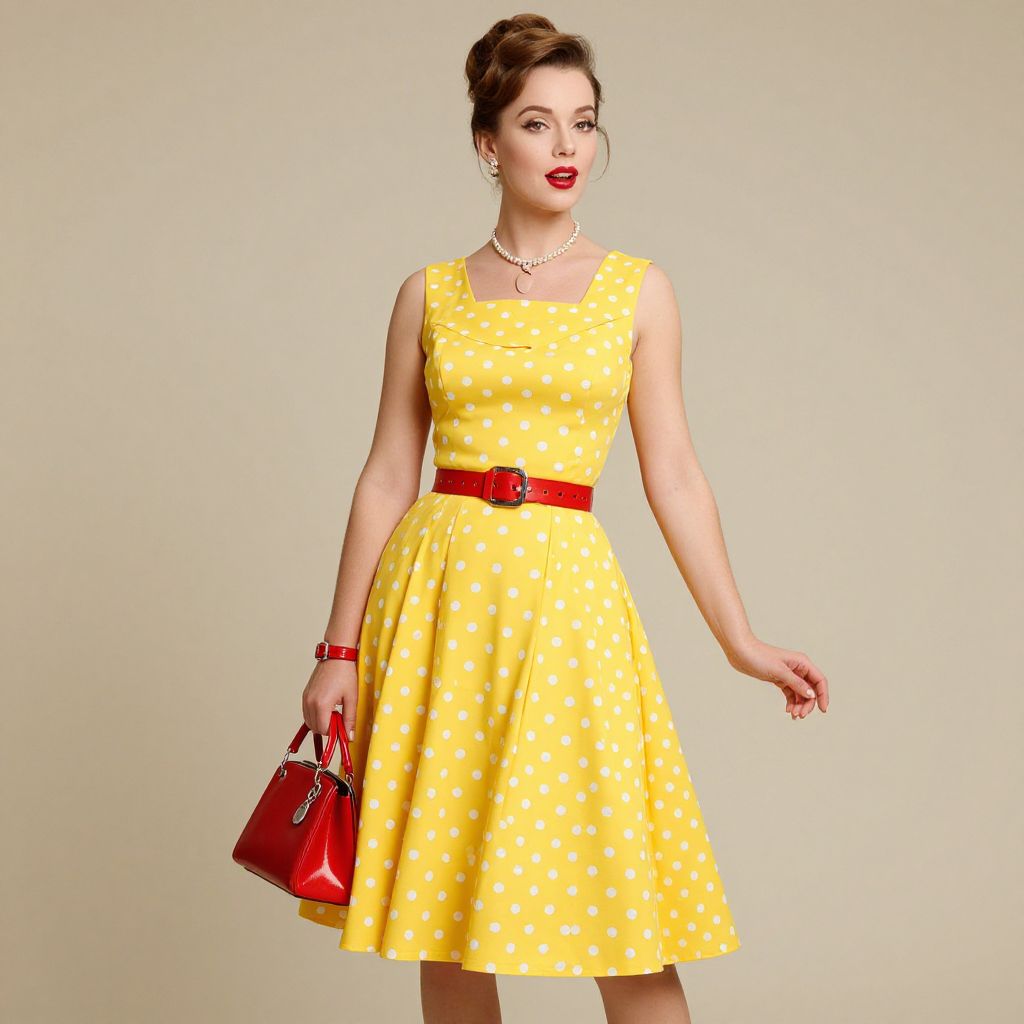 Vintage 1950s Woman in Yellow Polka Dot Dress with Red Accessories