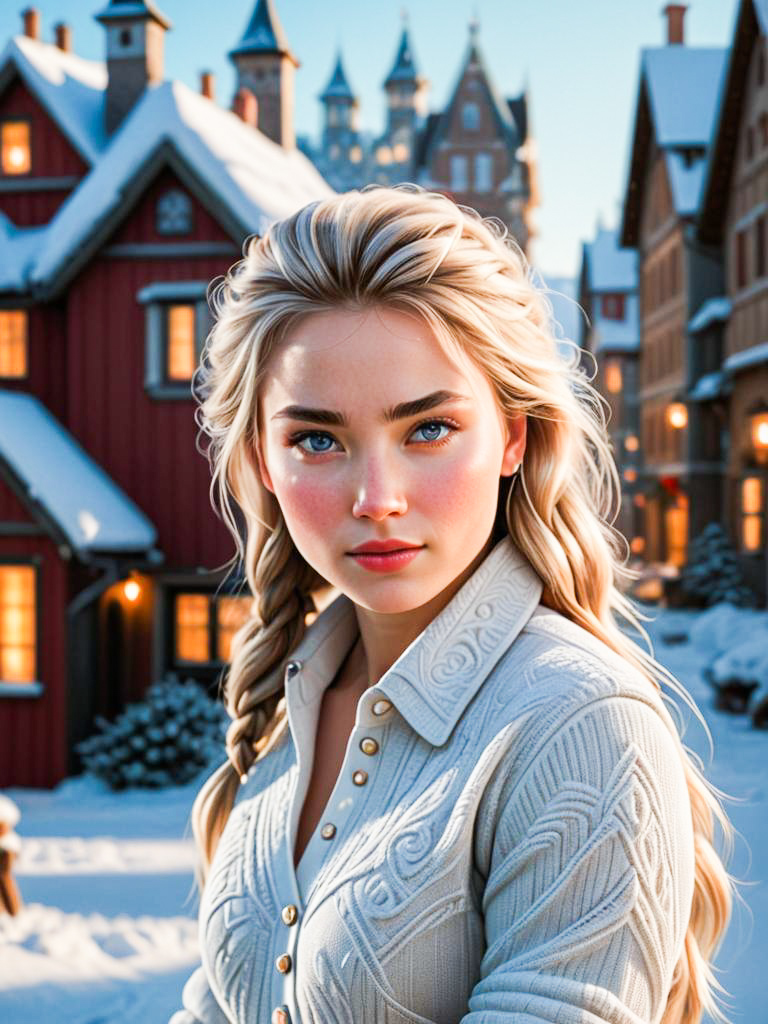 Elsa-Inspired Woman in Snowy Village