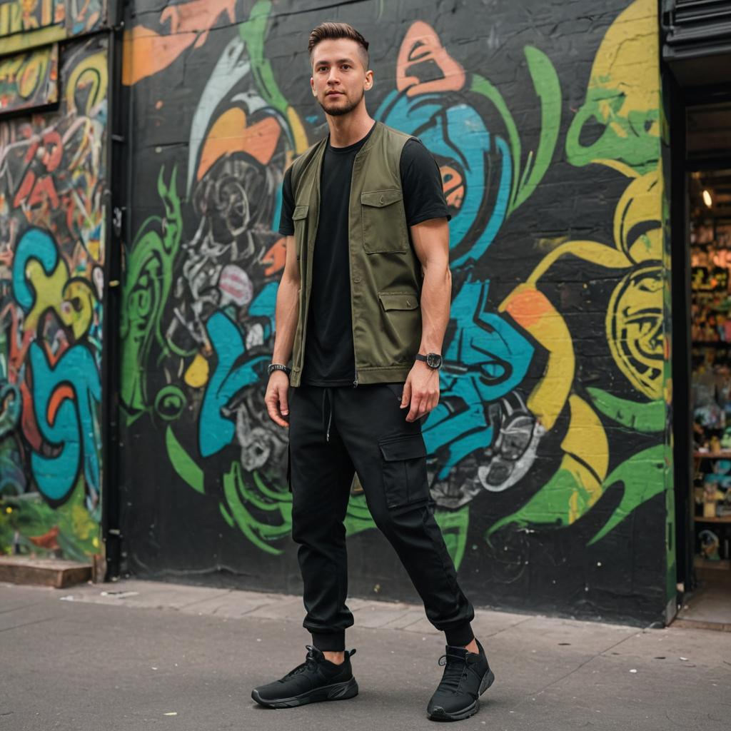 Trendy man in front of graffiti wall