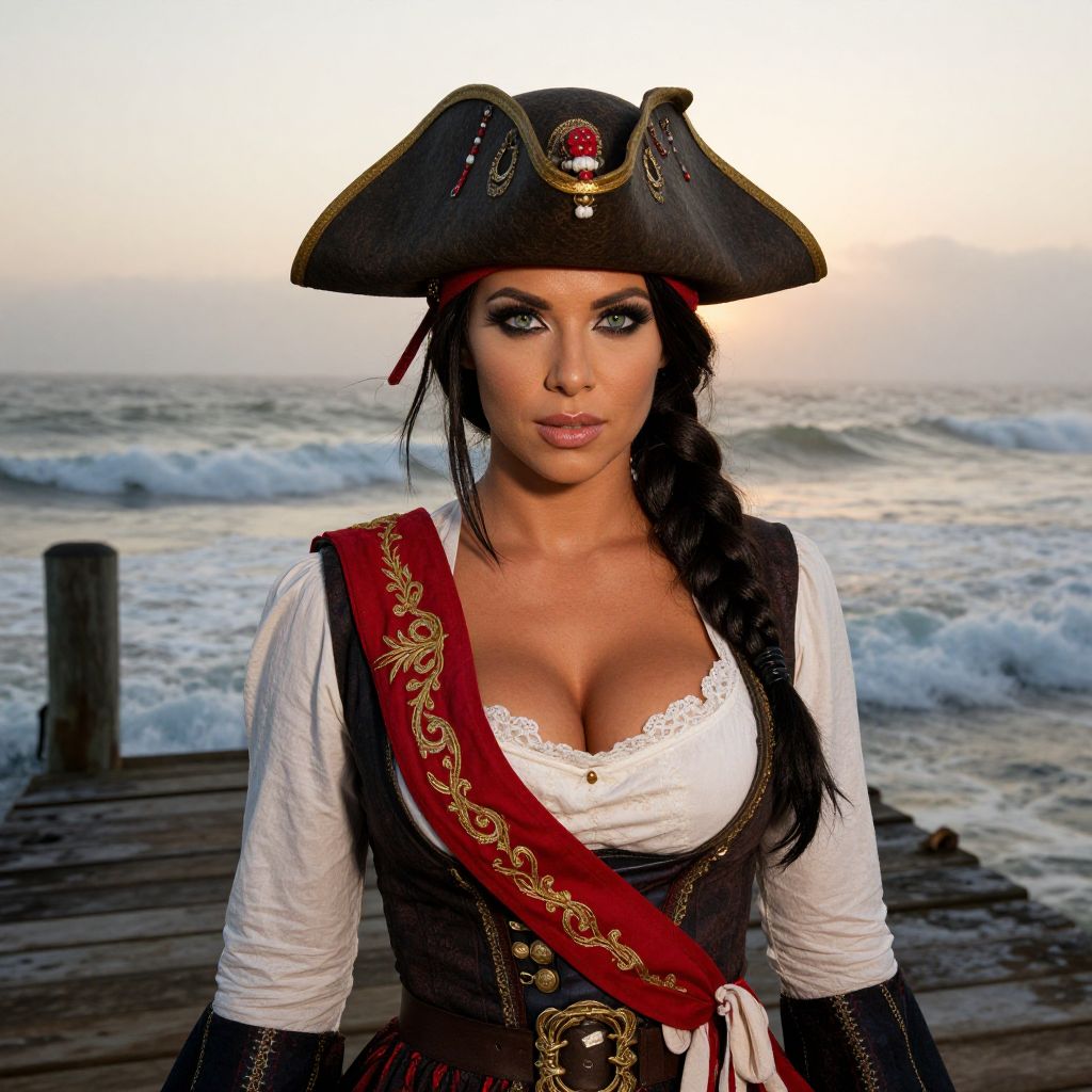 Pirate Woman in Detailed Costume on Ocean Pier at Sunset