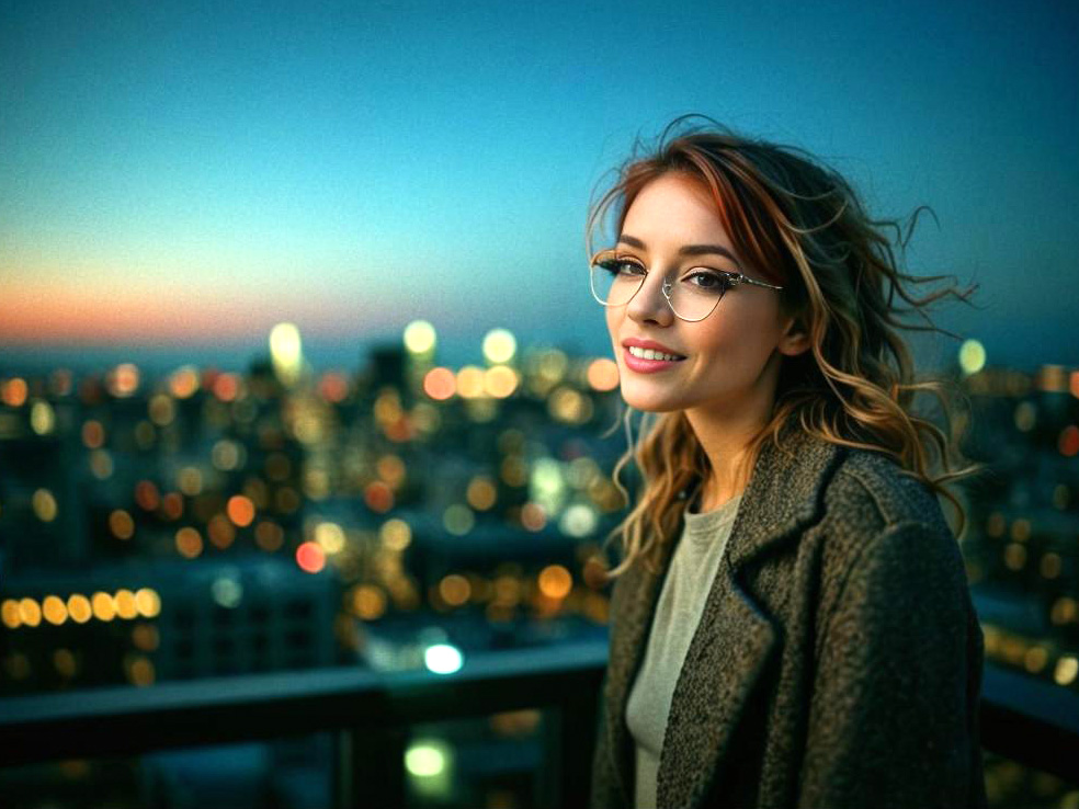 Smiling Woman in Stylish Glasses at Dusk Cityscape