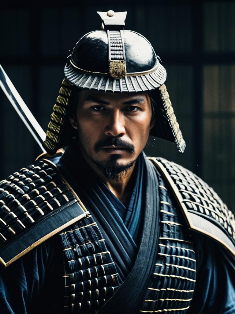 Samurai Man in Traditional Armor Intense Cinematic Portrait
