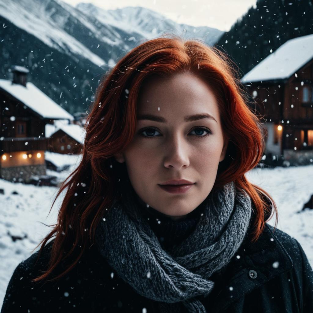 Red-Haired Woman in Snowy Village Winter Portrait